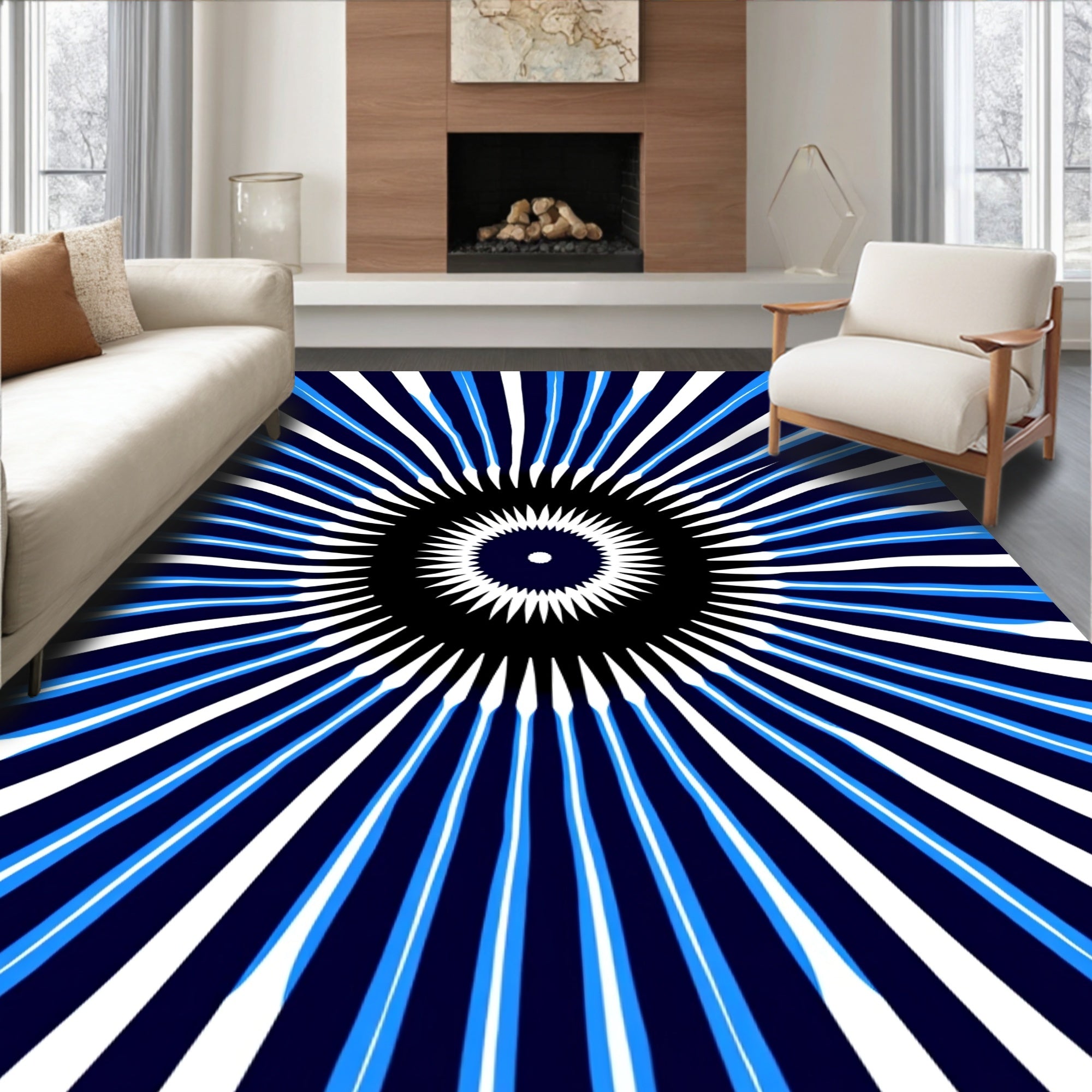 Radiating Blue And White Sunburst Design Rug