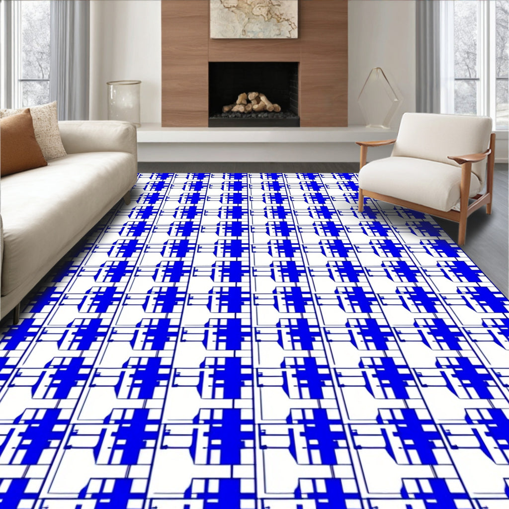 Bold Blue Abstract Geometric Pattern Rug