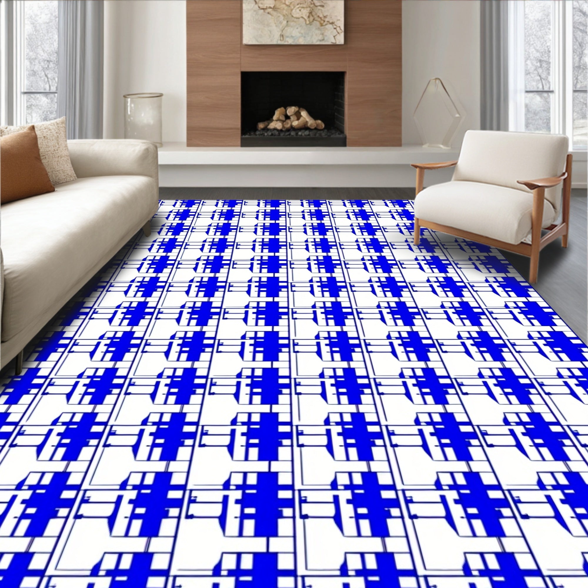 Bold Blue Abstract Geometric Pattern Rug