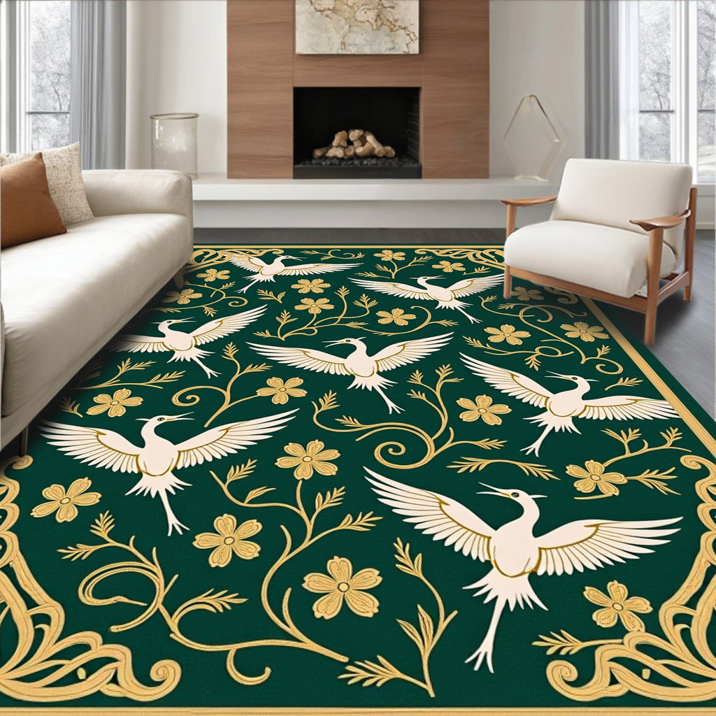 Elegant Cranes Flowers In Gold Border Rug