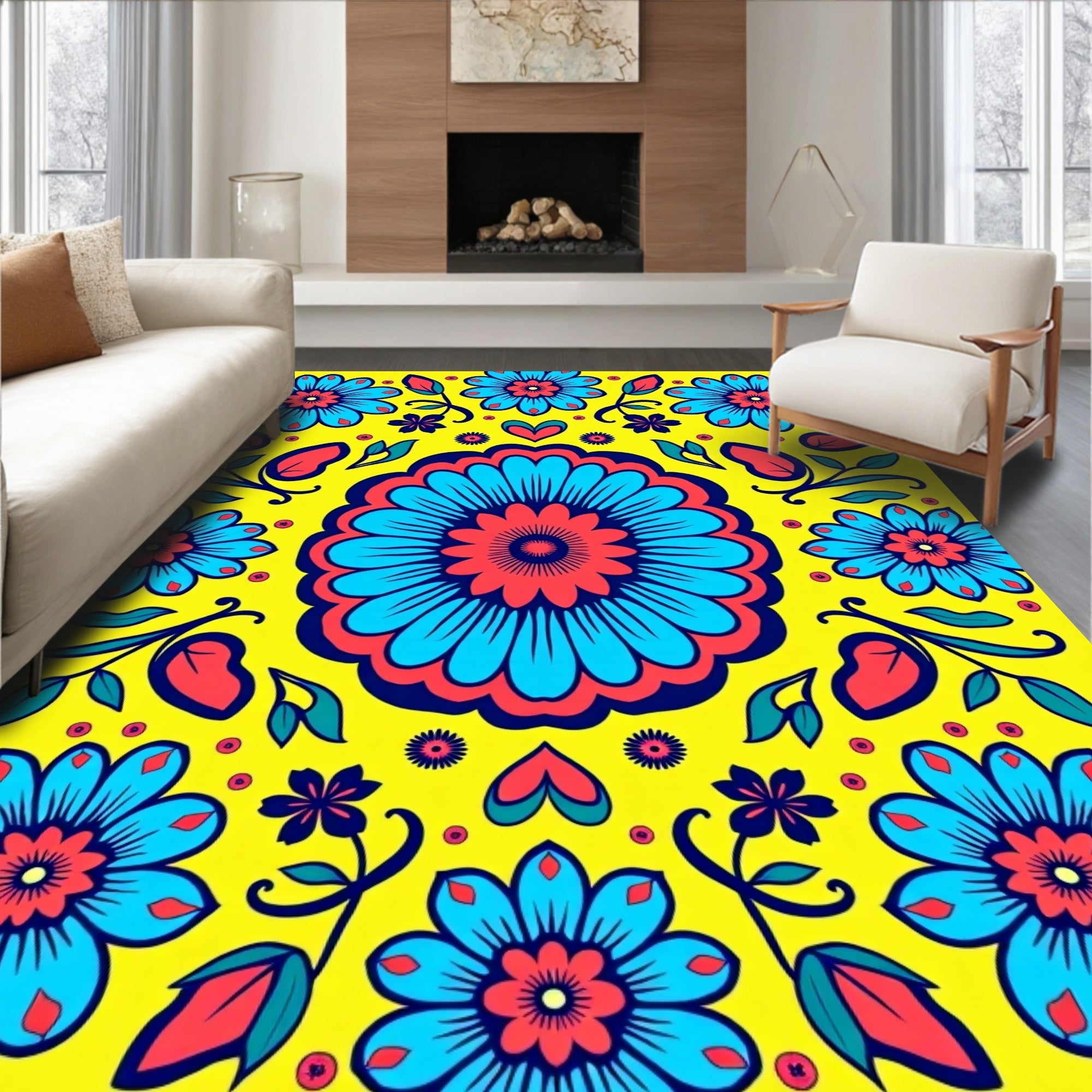 Vibrant Floral Design Bold Folk Pattern Rug