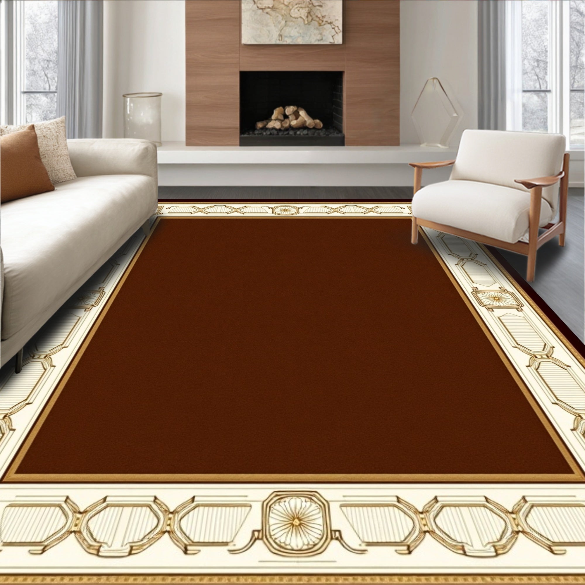 Classic Gold Geometric Bordered Dark Rug