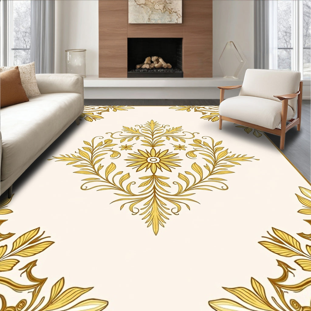 Ornate Golden Floral Vine Pattern Rug