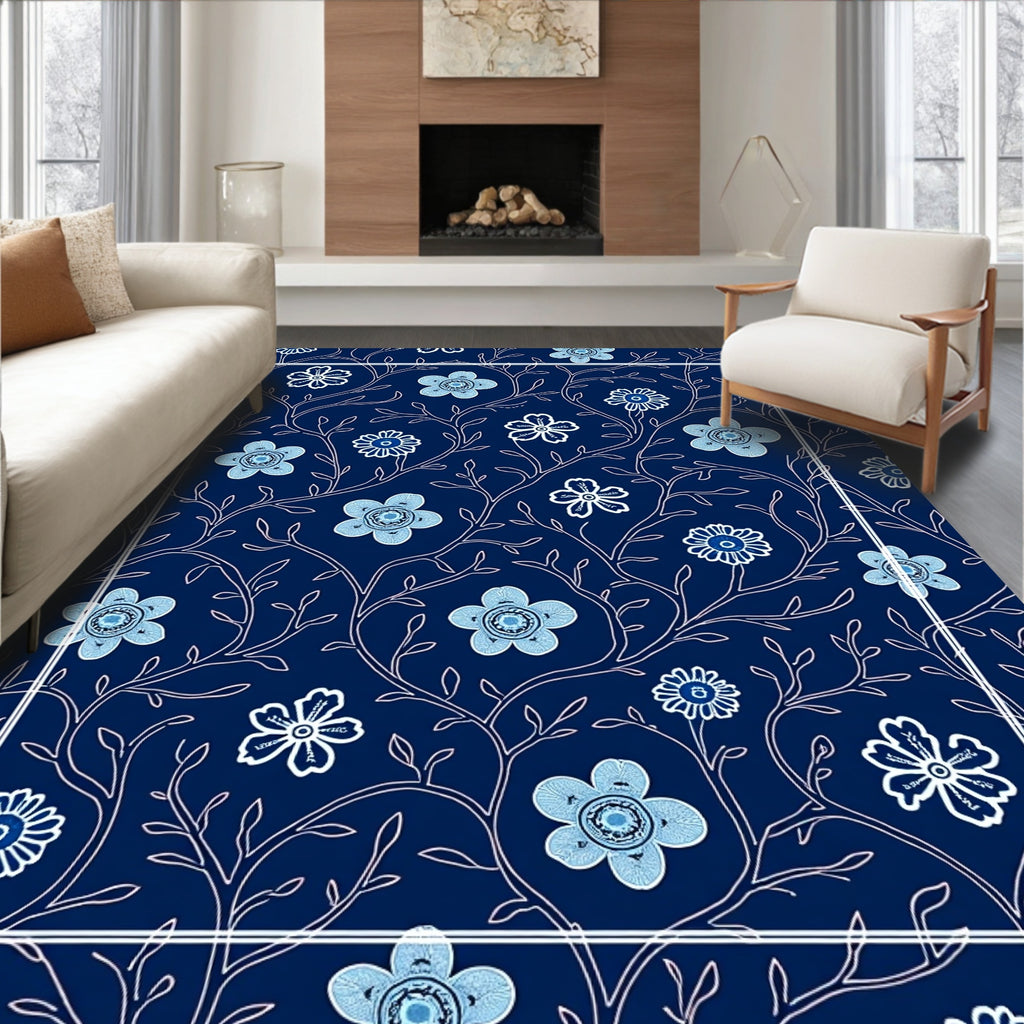 Dark Blue Floral Vine Design Rug