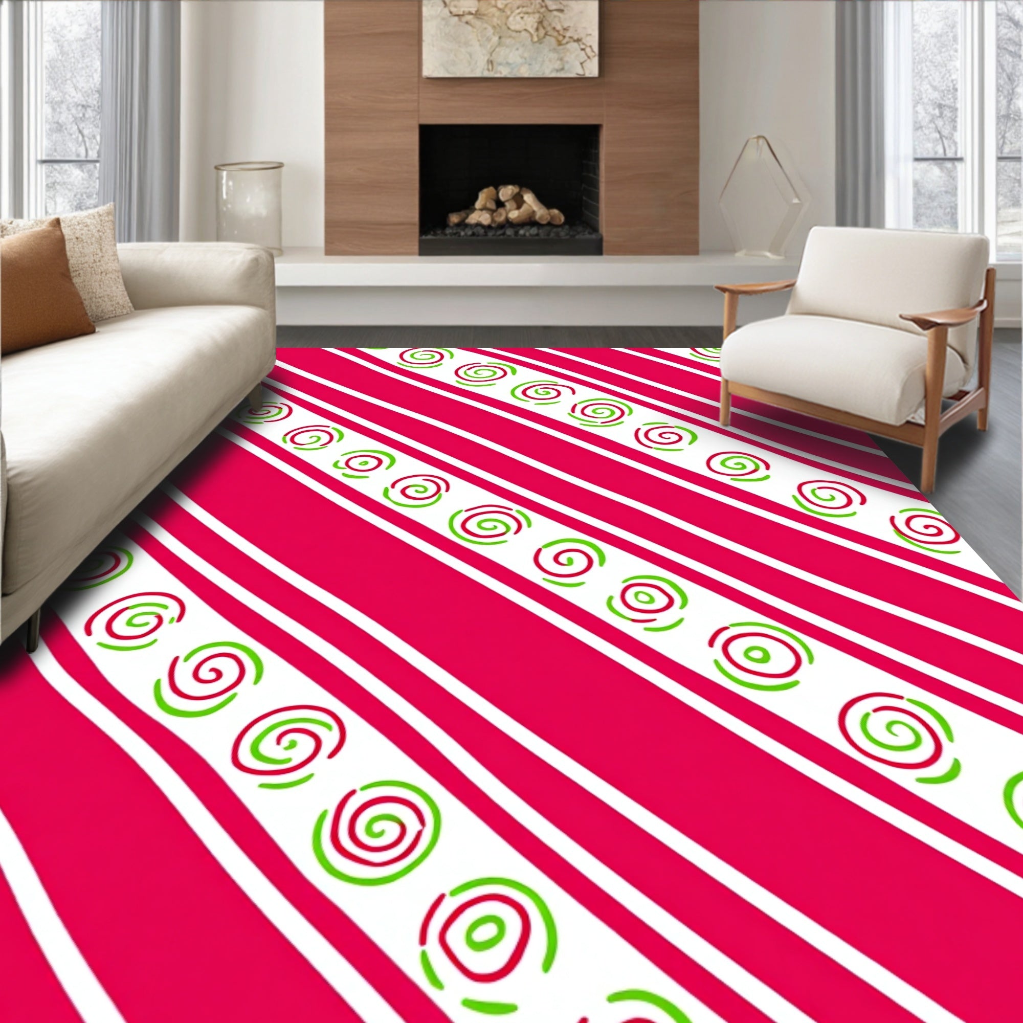 Red Green Swirl Diagonal Stripe Accent Rug