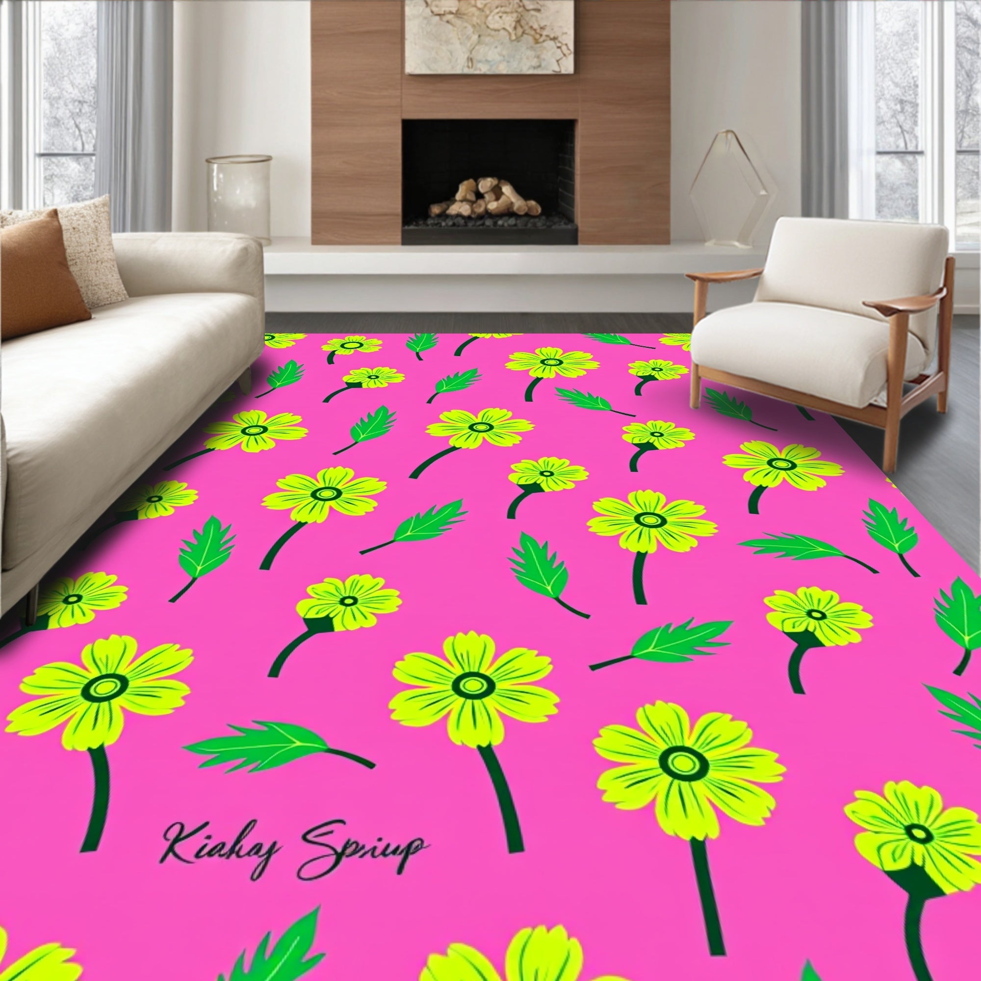 Bright Yellow Floral Pattern Rug