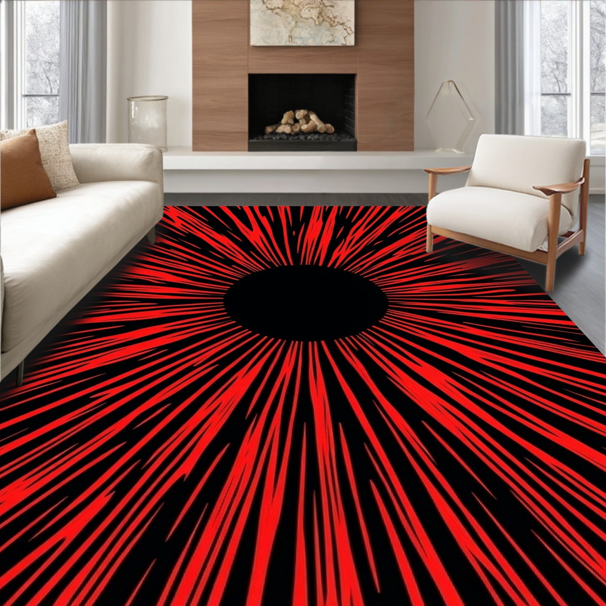 Striking Red Rays On Black Background Rug