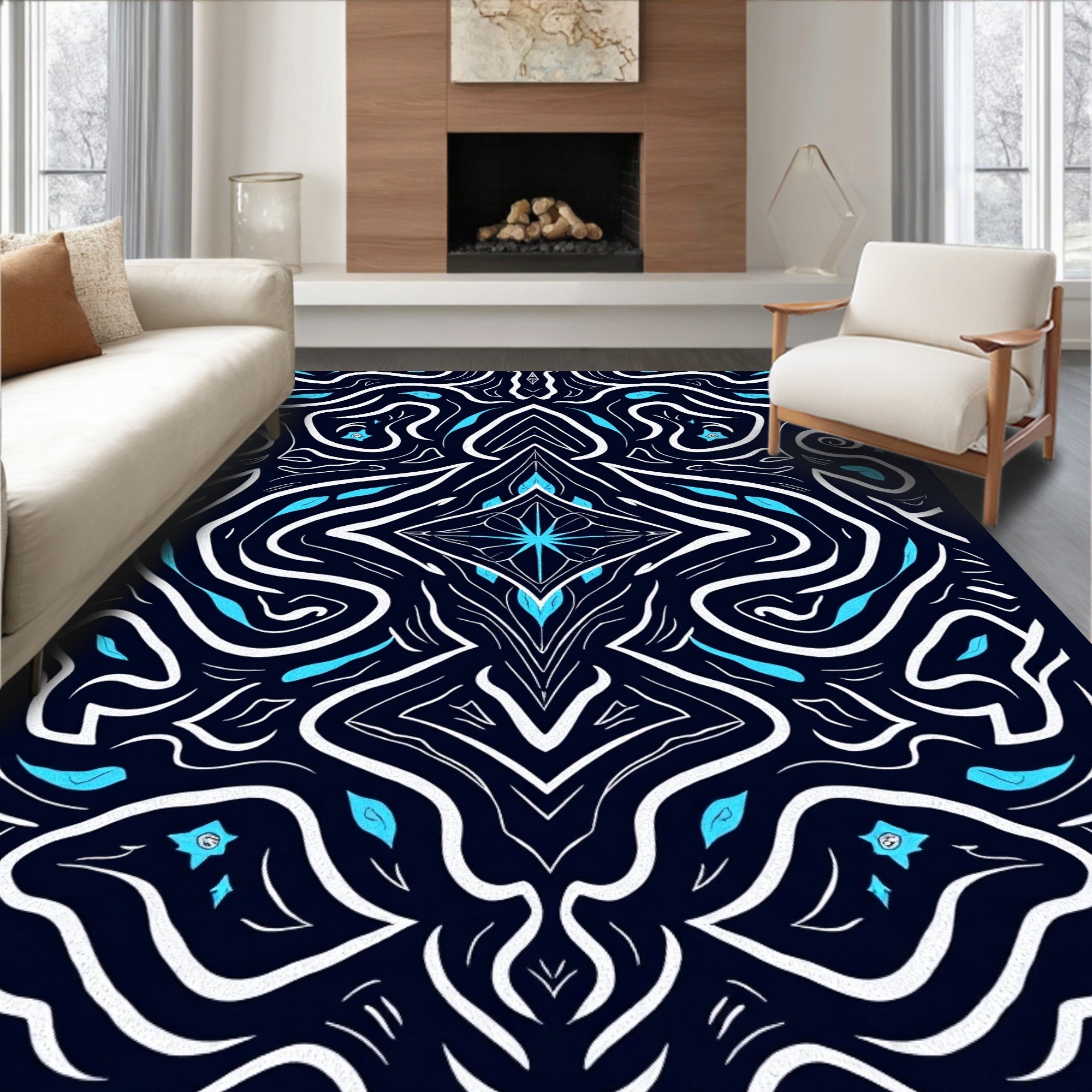 Abstract Blue White Symmetric Swirl Design Rug