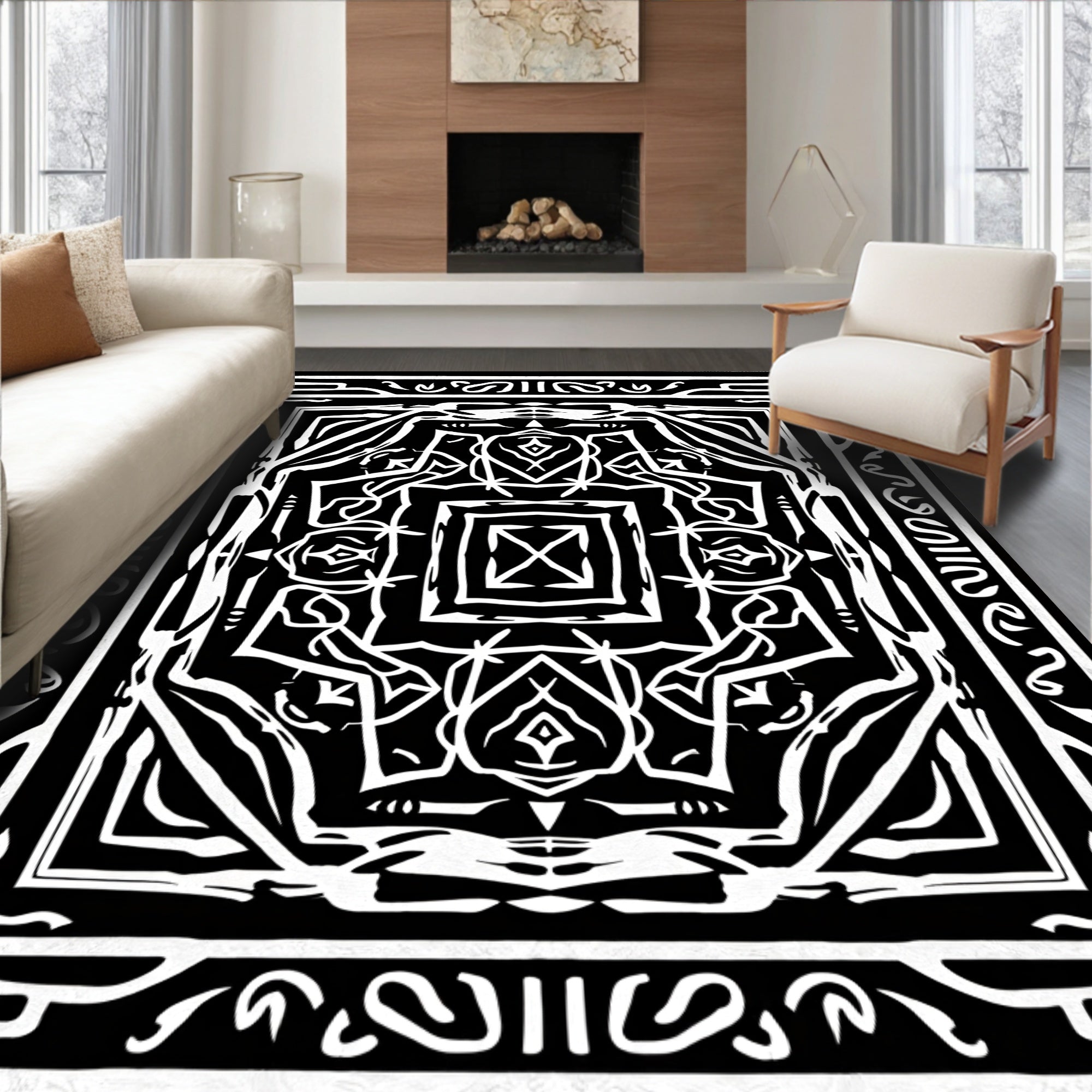 Black White Abstract Geometric Design Rug