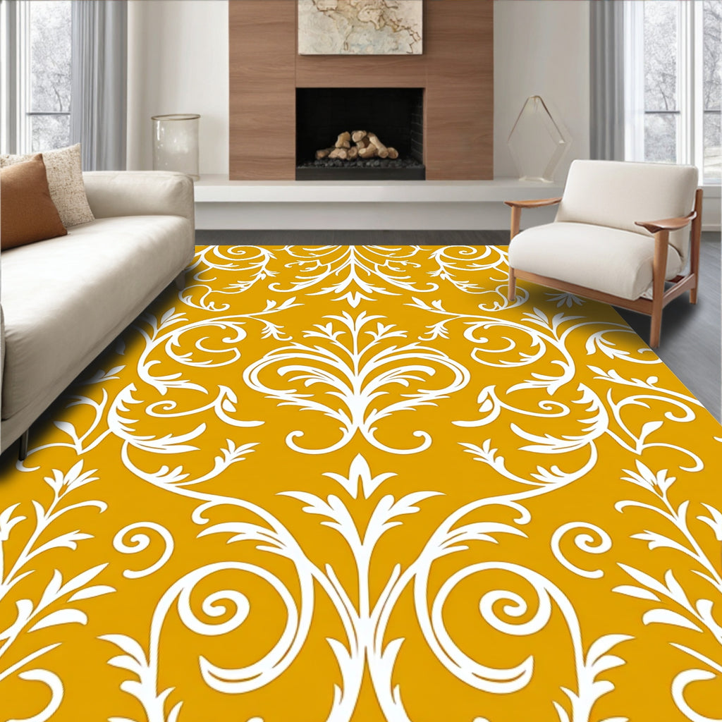 White Scrollwork On Golden Yellow Fabric Rug