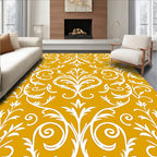 White Scrollwork On Golden Yellow Fabric Rug