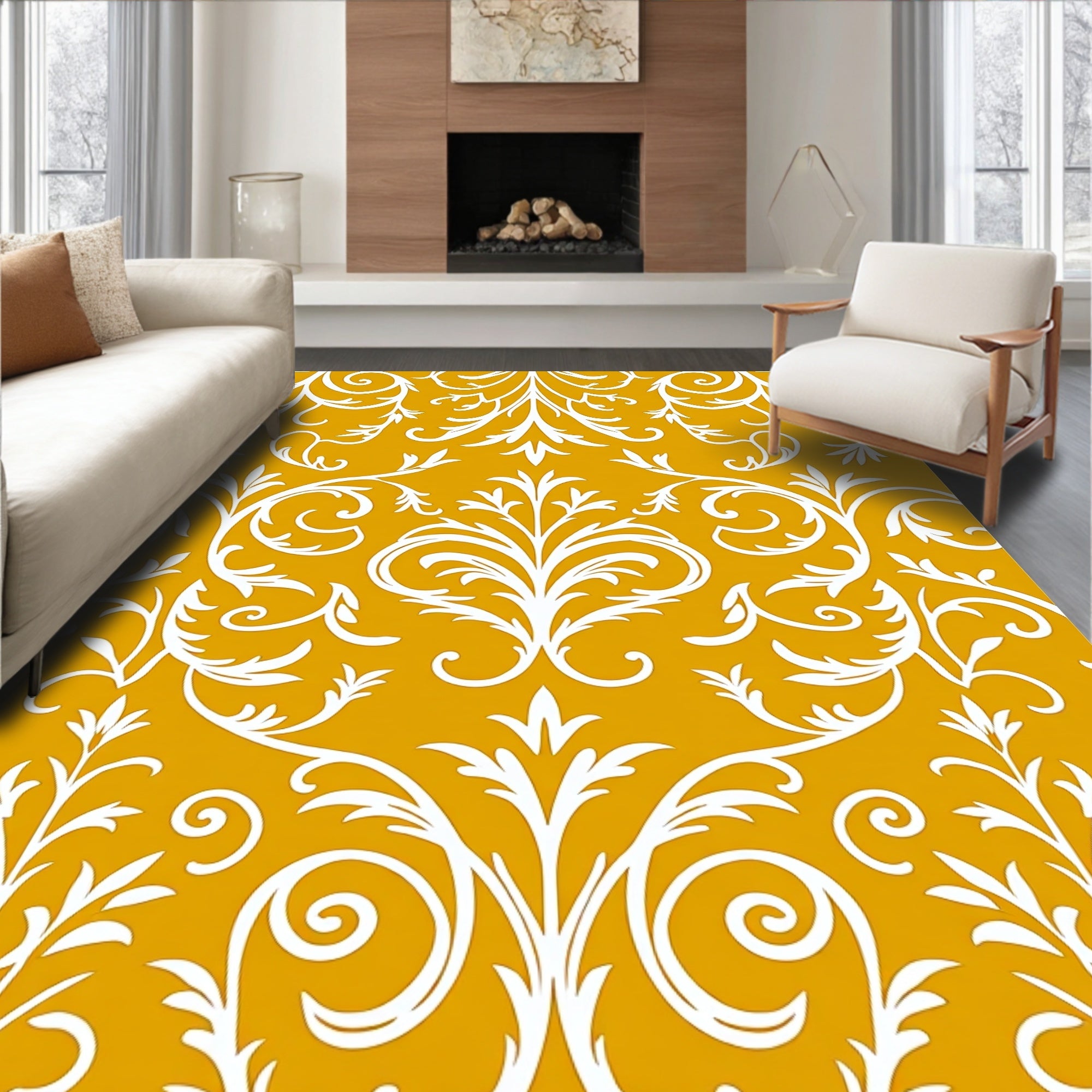 White Scrollwork On Golden Yellow Fabric Rug