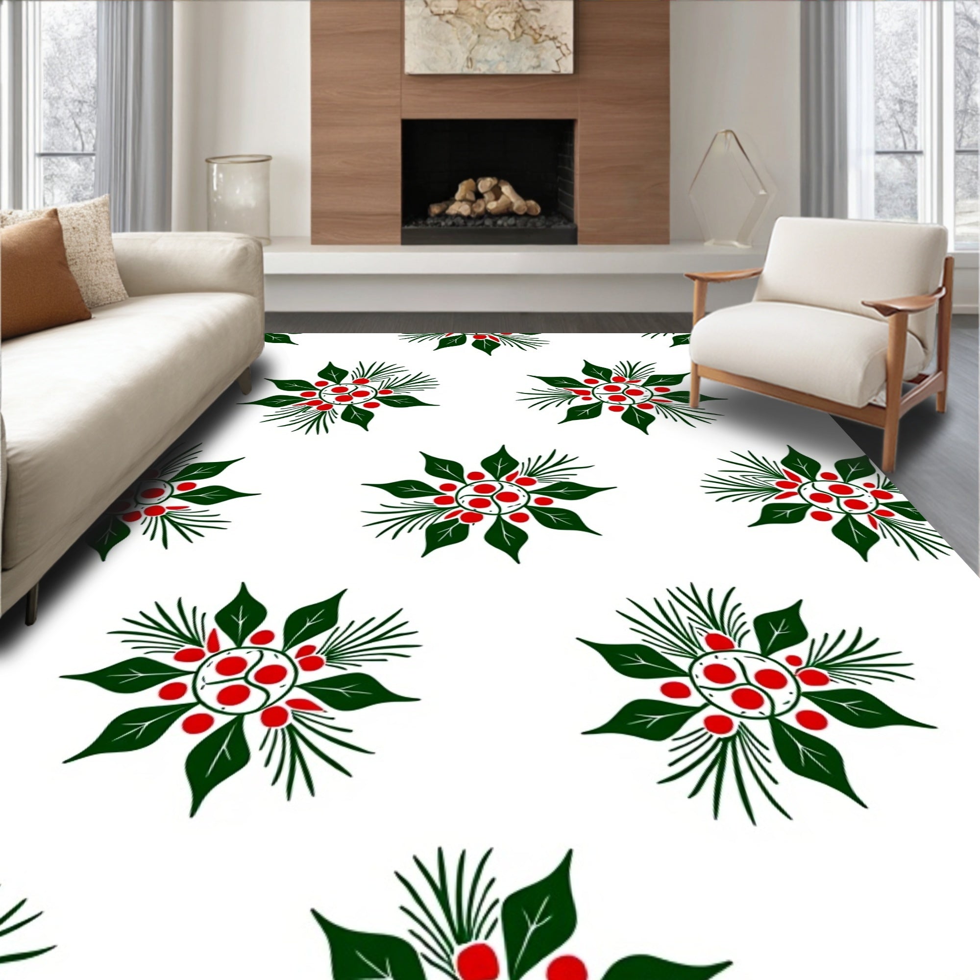 Holiday Red Green Mistletoe Wreath Rug