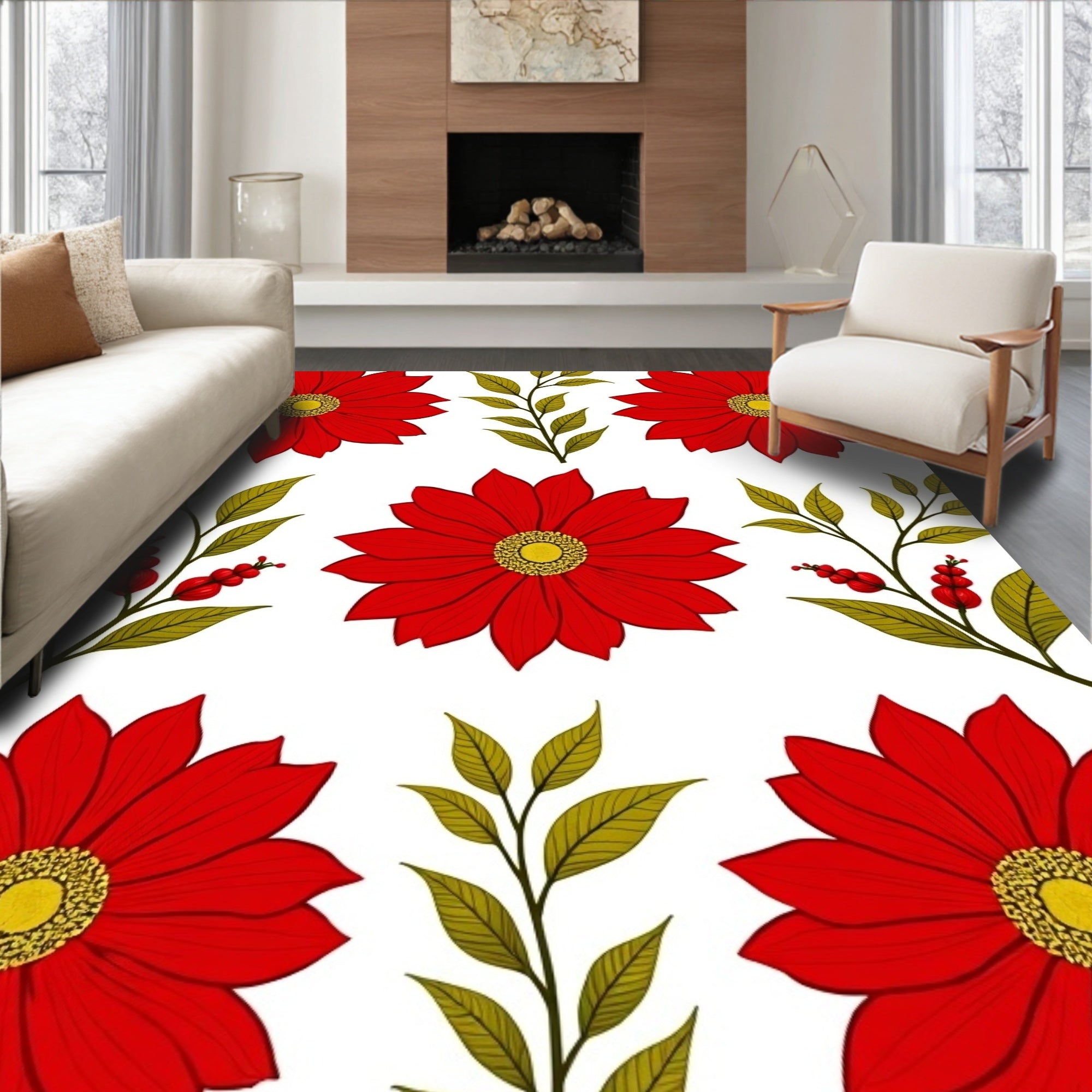 Vibrant Red Floral Botanical Arrangement Rug