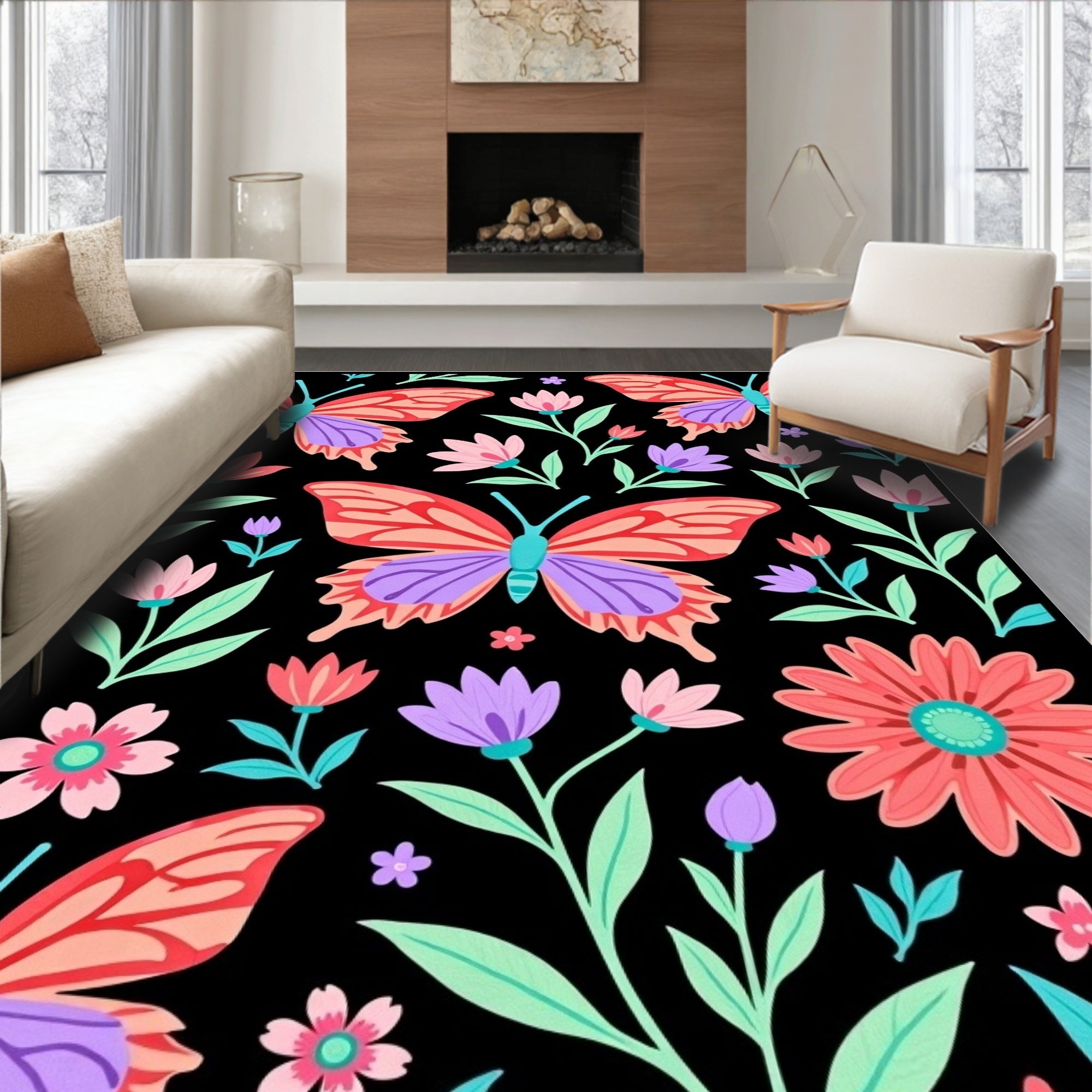 Vibrant Butterfly and Floral Pattern Rug