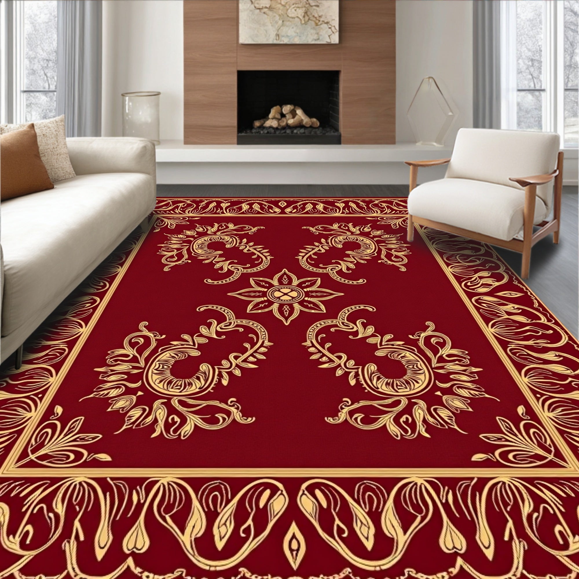 Rich Burgundy Gold Floral Pattern Rug