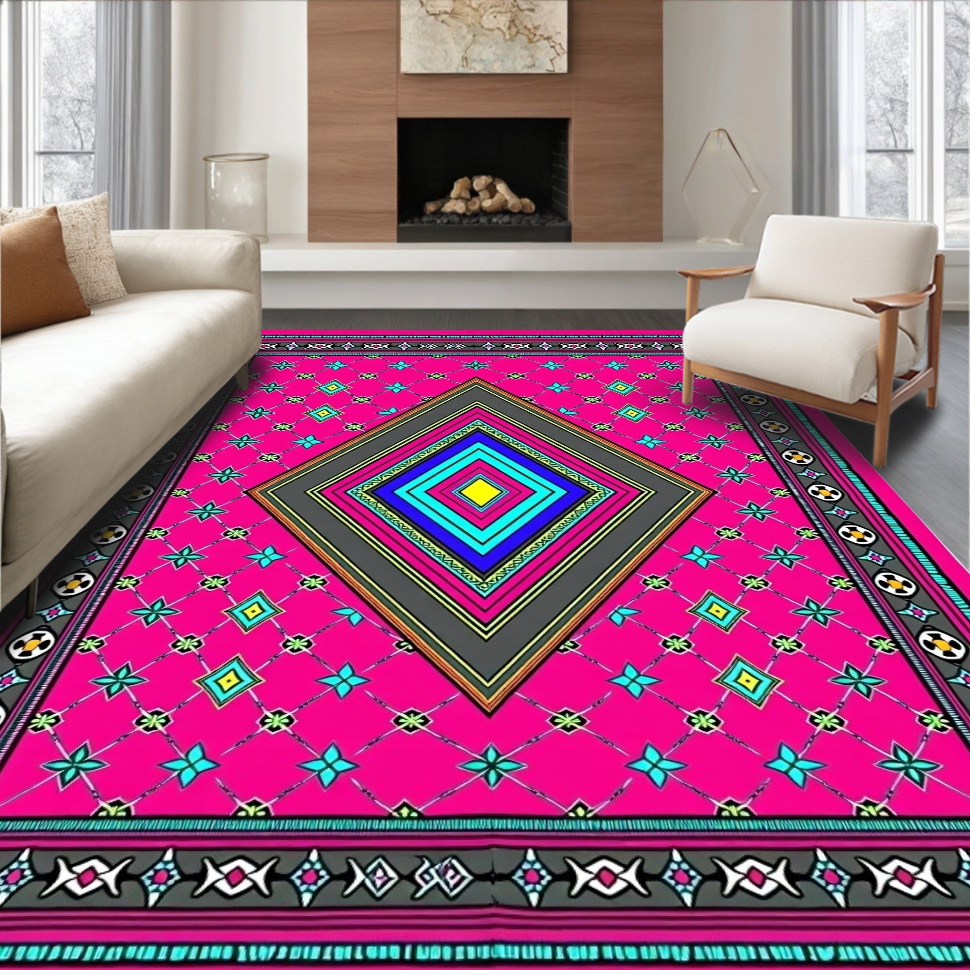 Vibrant Geometric Diamond Medallion Design Rug