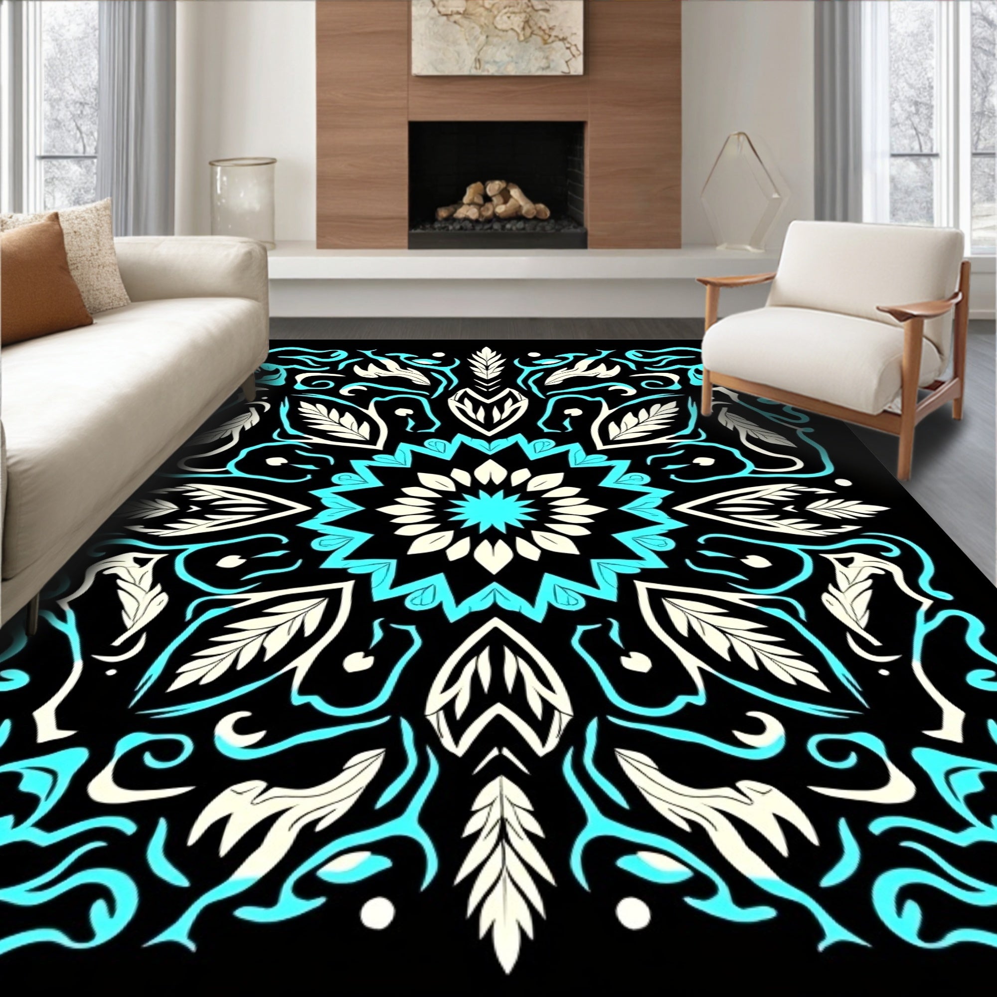Abstract Teal Cream Mandala Design Rug