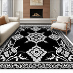 Black White Ornate Floral Mandala Rug