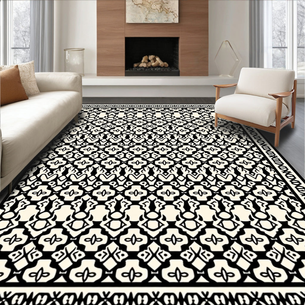 Ornamental Black White Geometric Style Rug