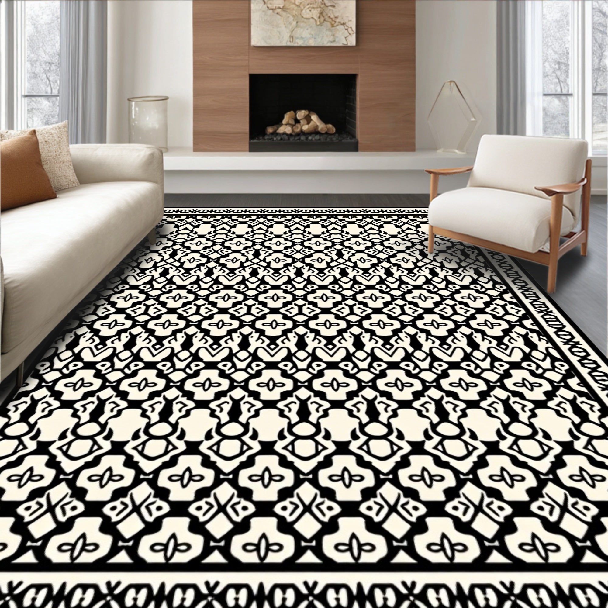Ornamental Black White Geometric Style Rug