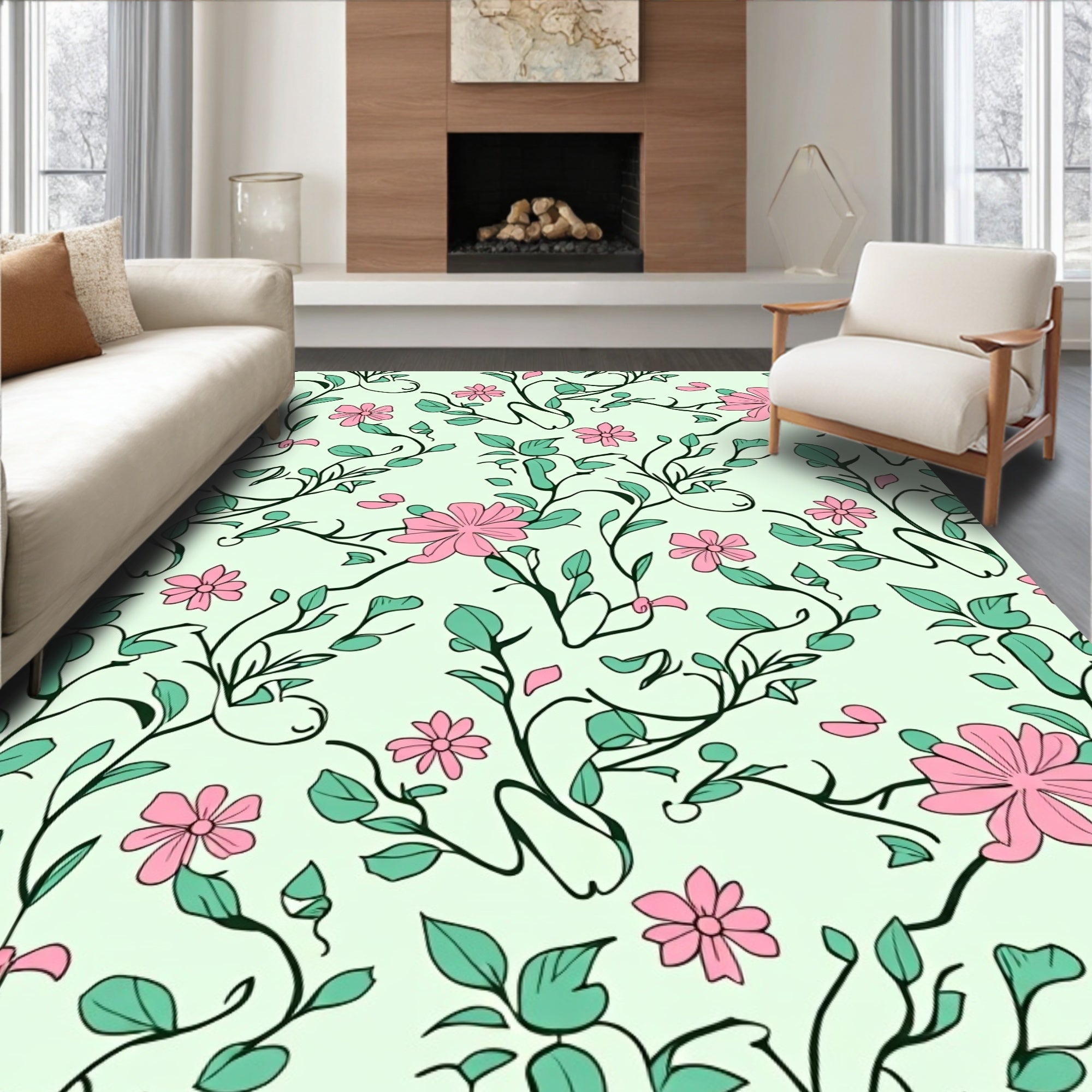 Pink Flower Vine Botanical Pattern Rug