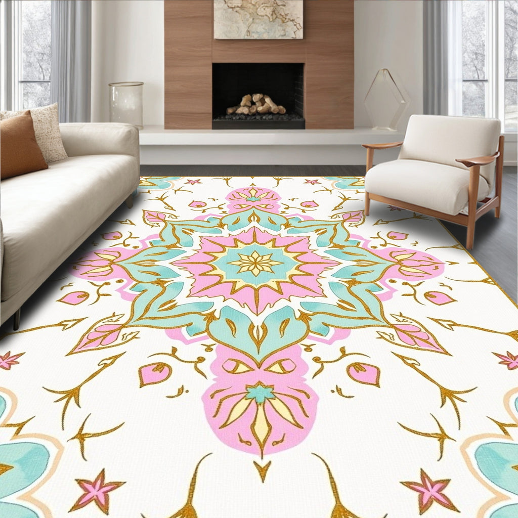 Pastel Floral Mandala Pattern With Gold Rug