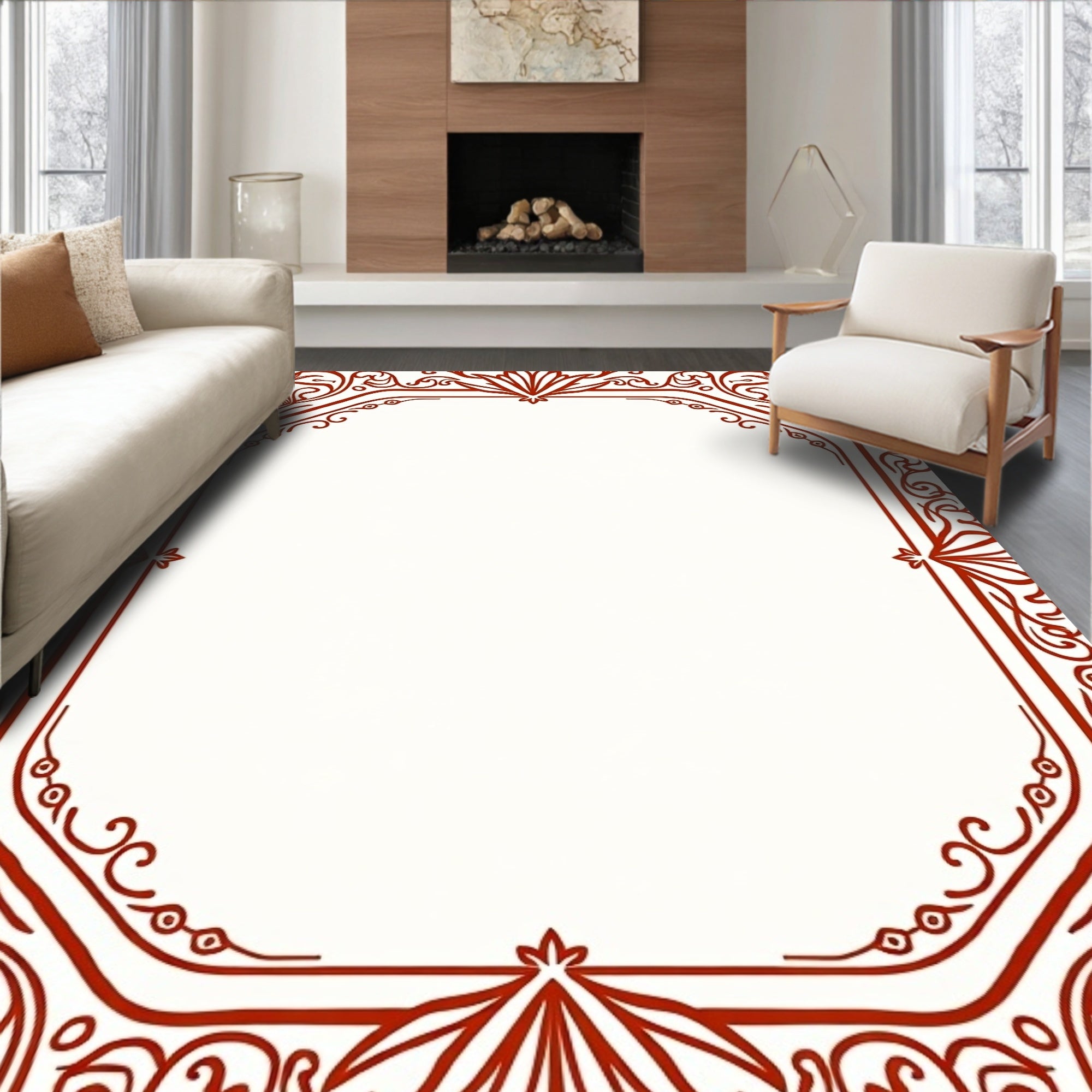 Ornate Red Floral Border Design Rug