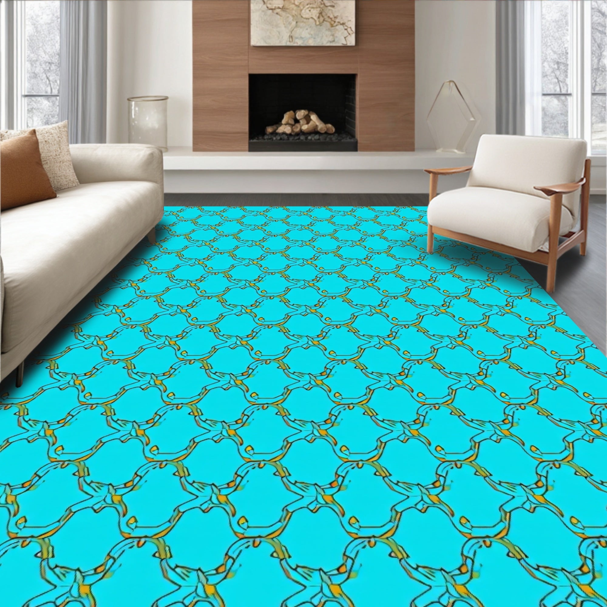 Aqua Gold Interlocking Geometric Rug