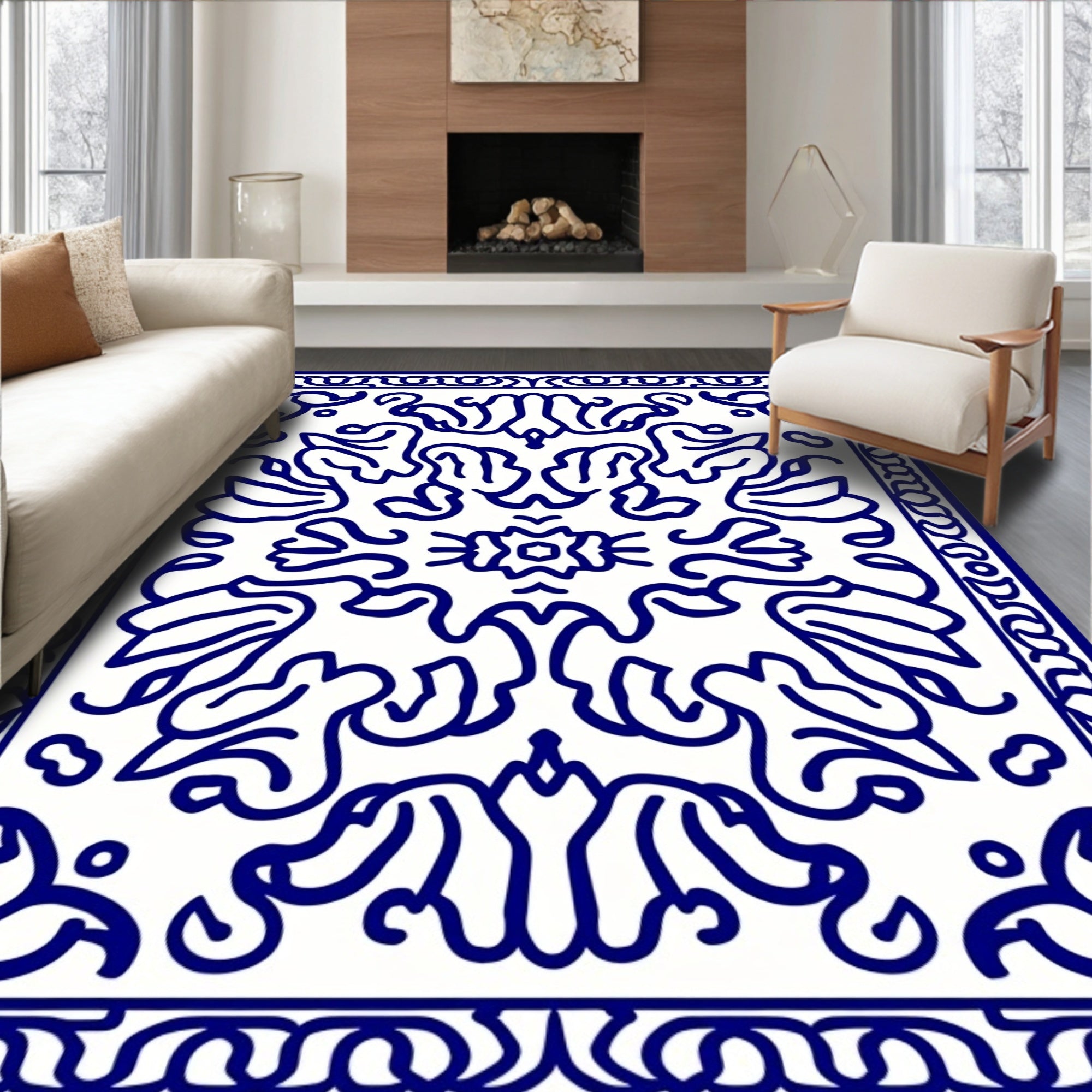 Elegant Blue White Floral Motifs Rug