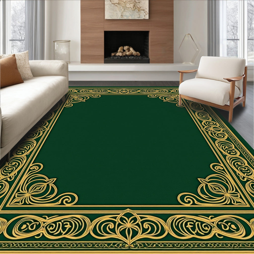 Ornate Gold Green Filigree Border Rug