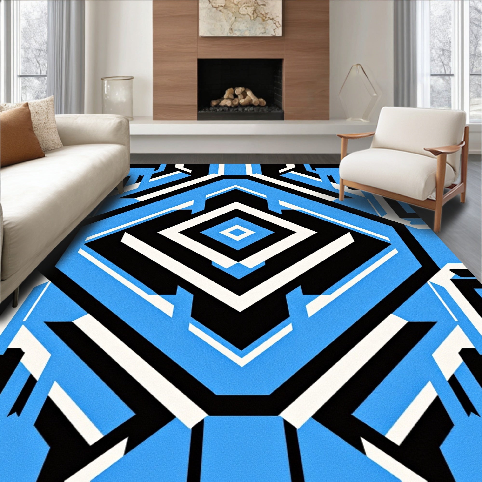 Abstract Geometric Bold Blue Pattern Rug