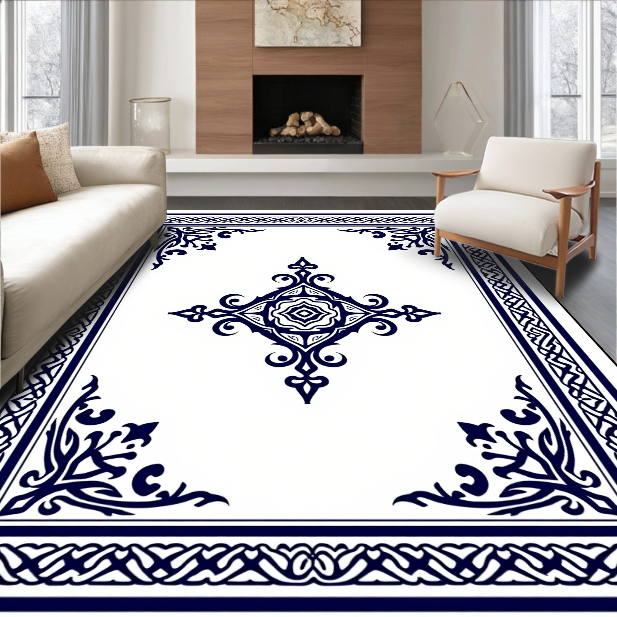 Intricate Blue White Geometric Design Rug