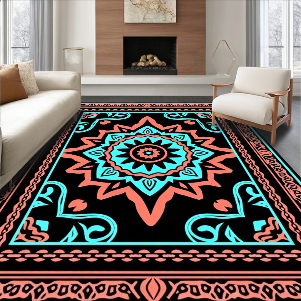 Bold Teal Coral Mandala Pattern Rug