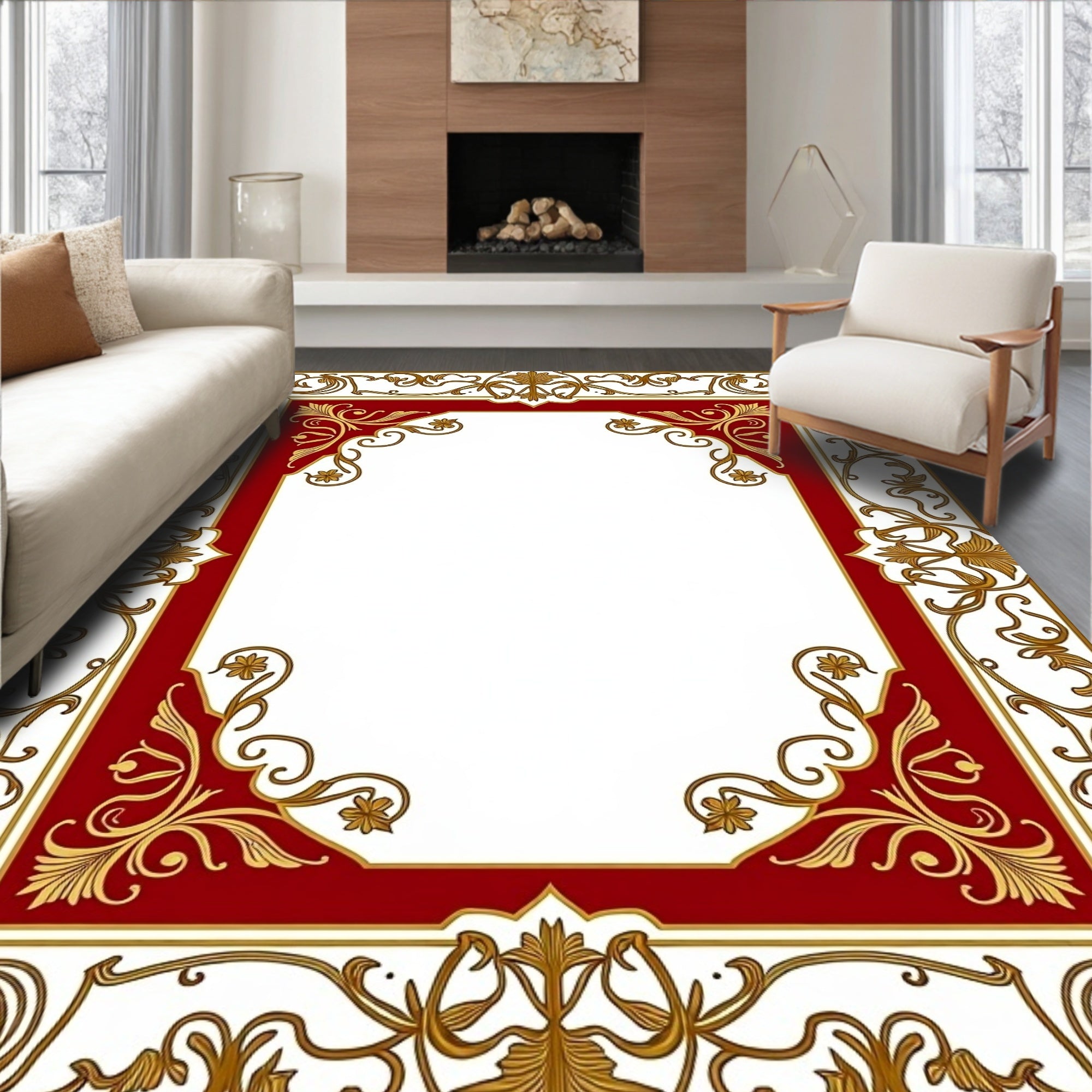 Golden Floral Red Border Rug