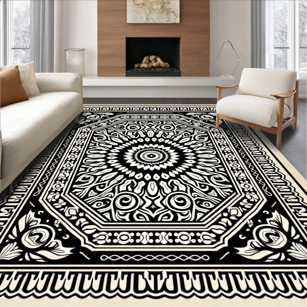 Intricate Black White Mandala Pattern Rug
