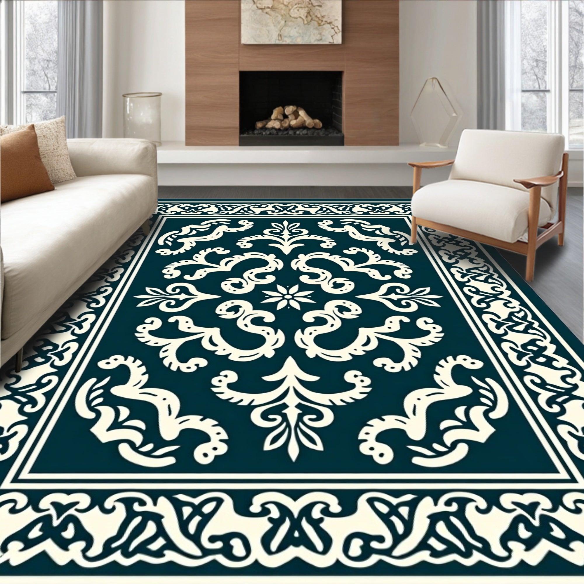 Damask Floral Crested Border Rug