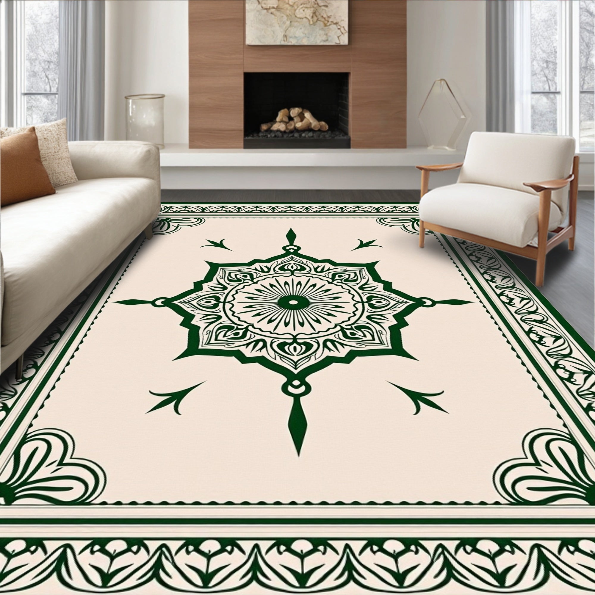 Dark Green Floral Mandala Border Rug