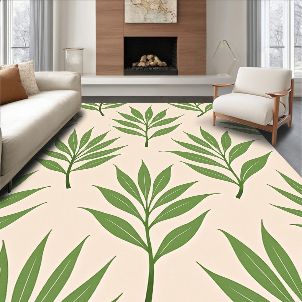 Green Leaf Patterned Soft Rug