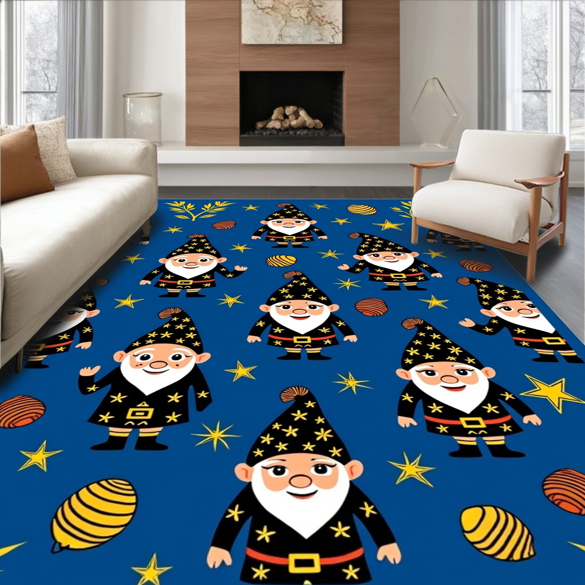 Whimsical Gnome Stars Blue Rug