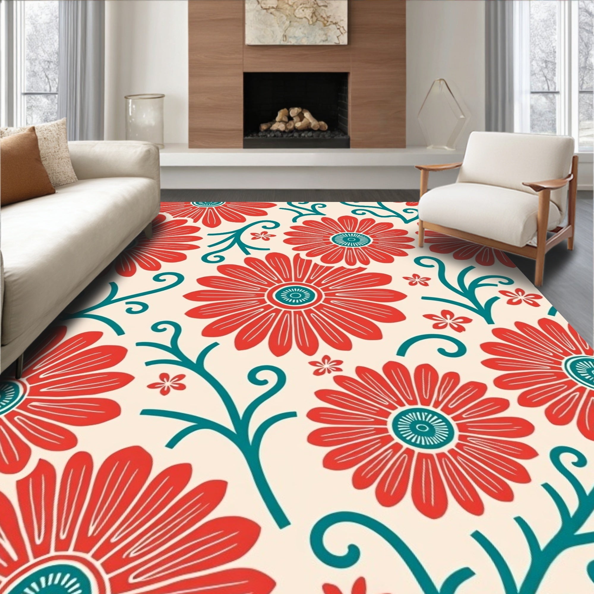 Retro Red Teal Floral Pattern Rug
