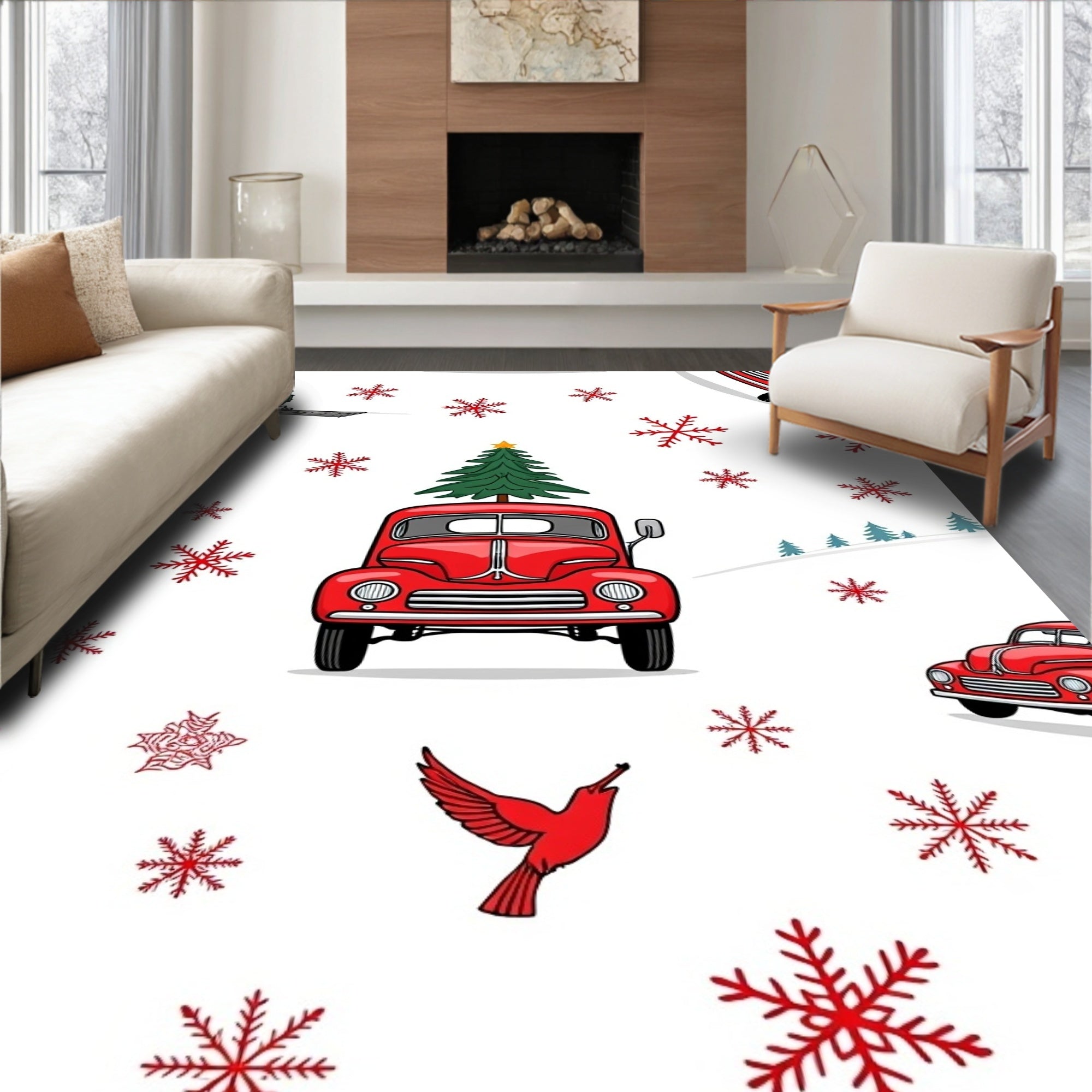 Red Vintage Truck Christmas Snowflakes Rug
