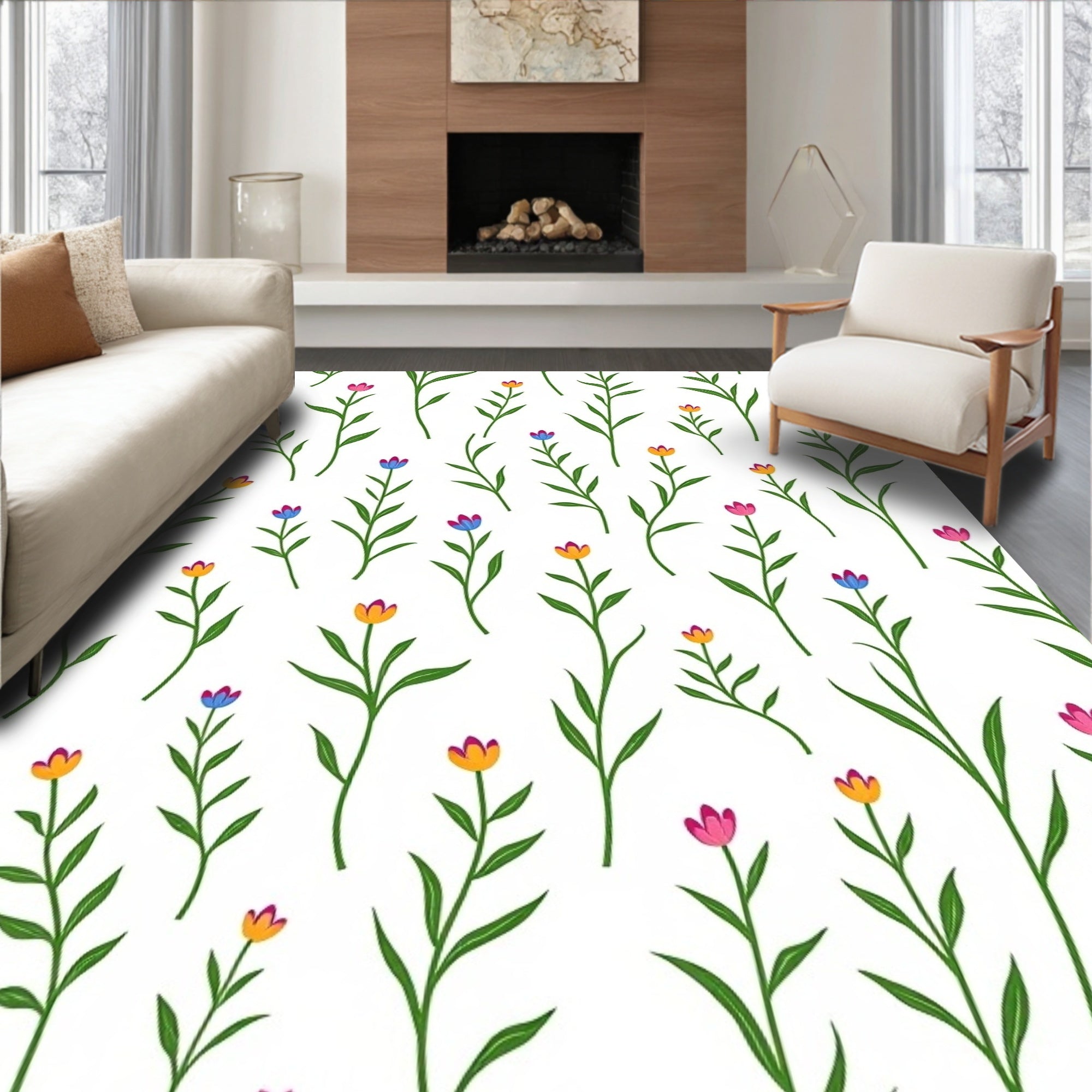 Floral Stem Pattern with Pink Yellow Blue Rug