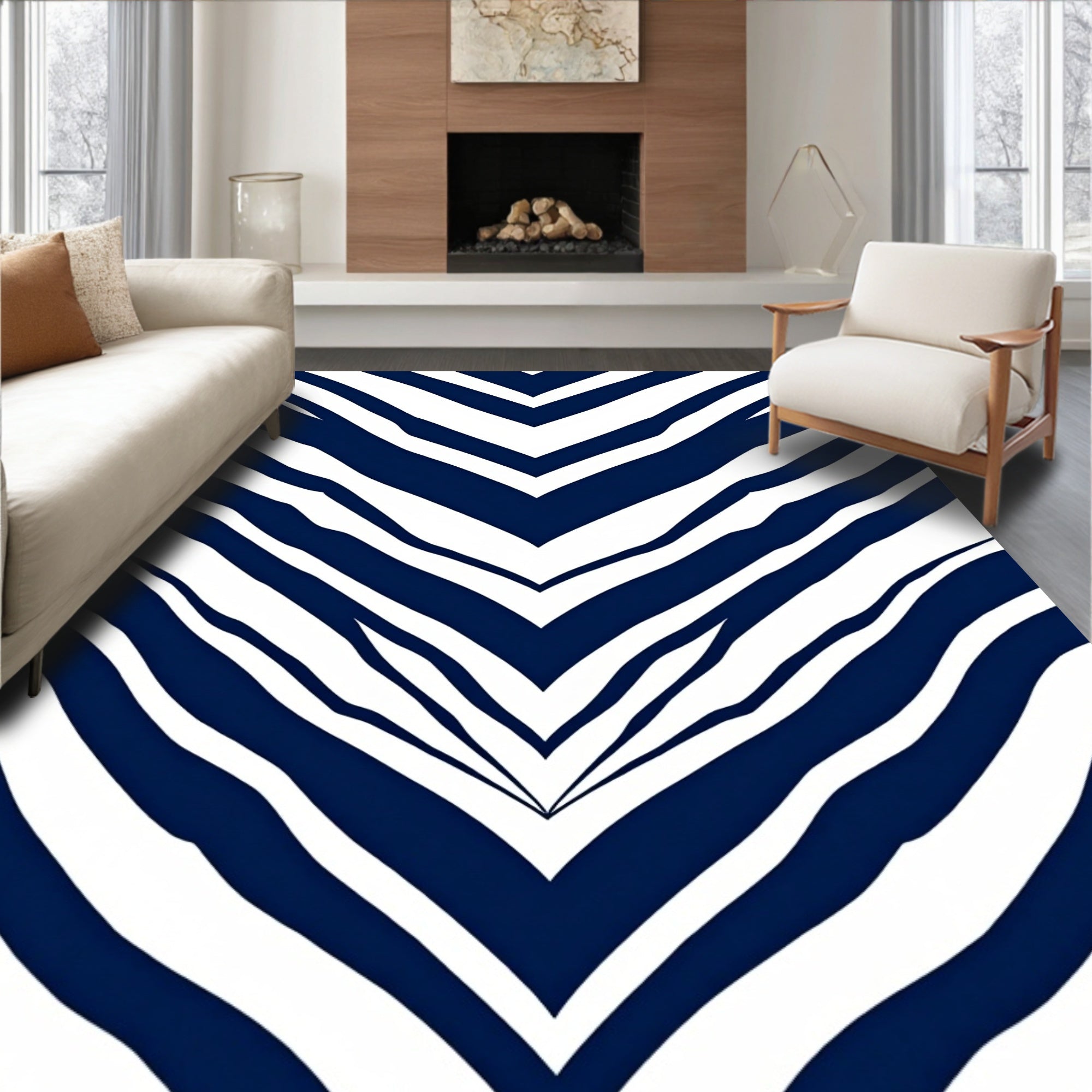 Navy And White Animal Stripe Rug