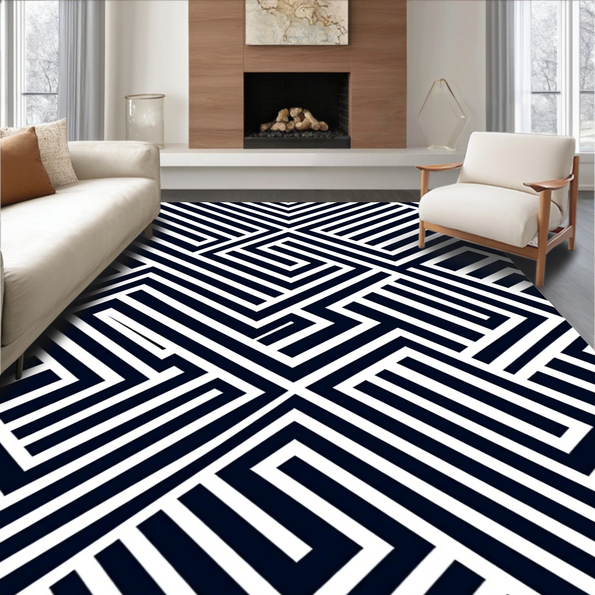 Bold Blue White Geometric Maze Rug