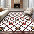 Geometric Lattice Red Blue Ochre Rug