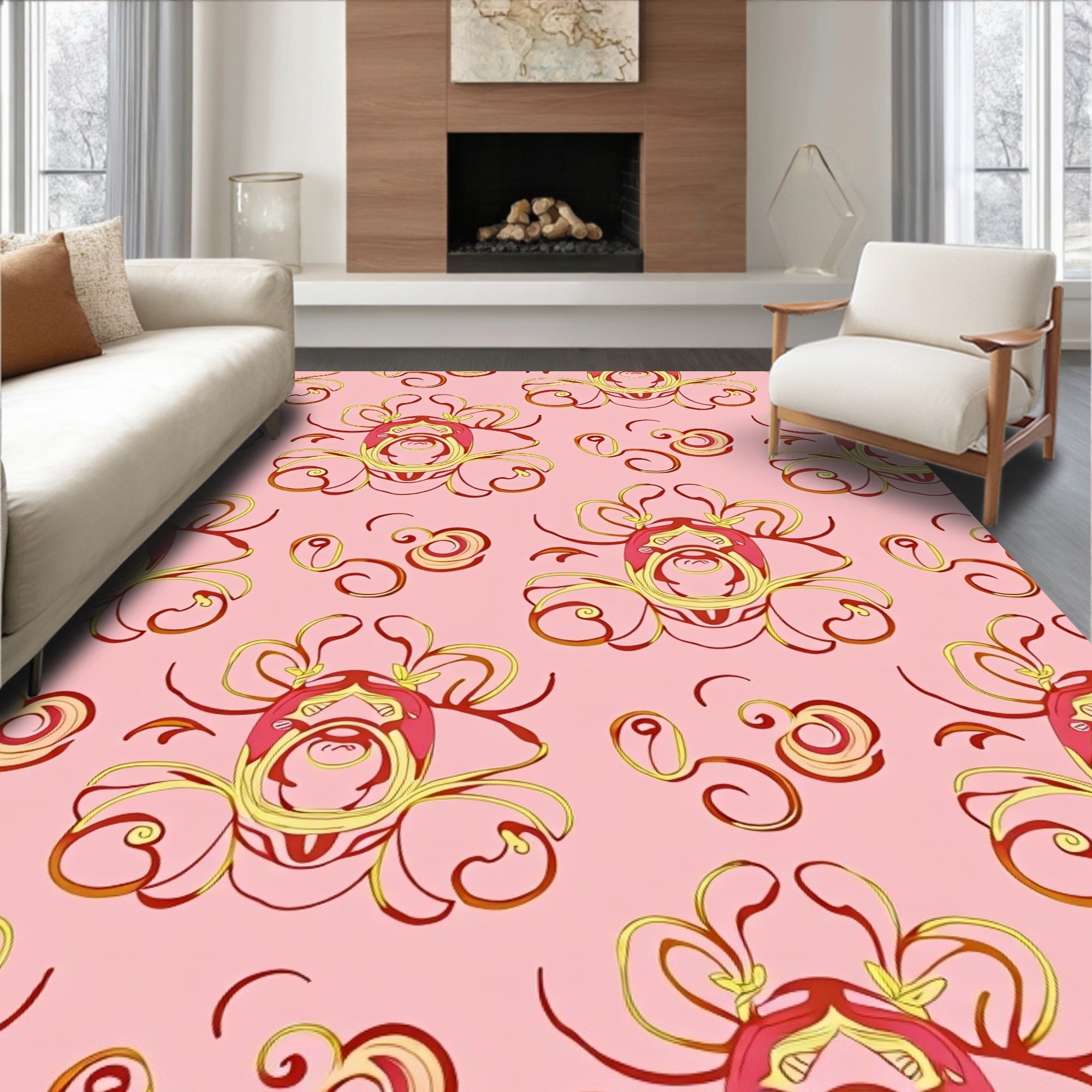 Ornate Pink Floral Swirl Pattern Rug