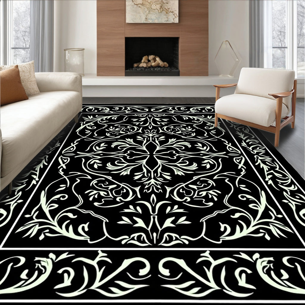 Black White Detailed Floral Pattern Rug