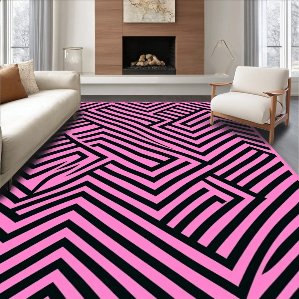 Pink and Black Geometric Maze Rug