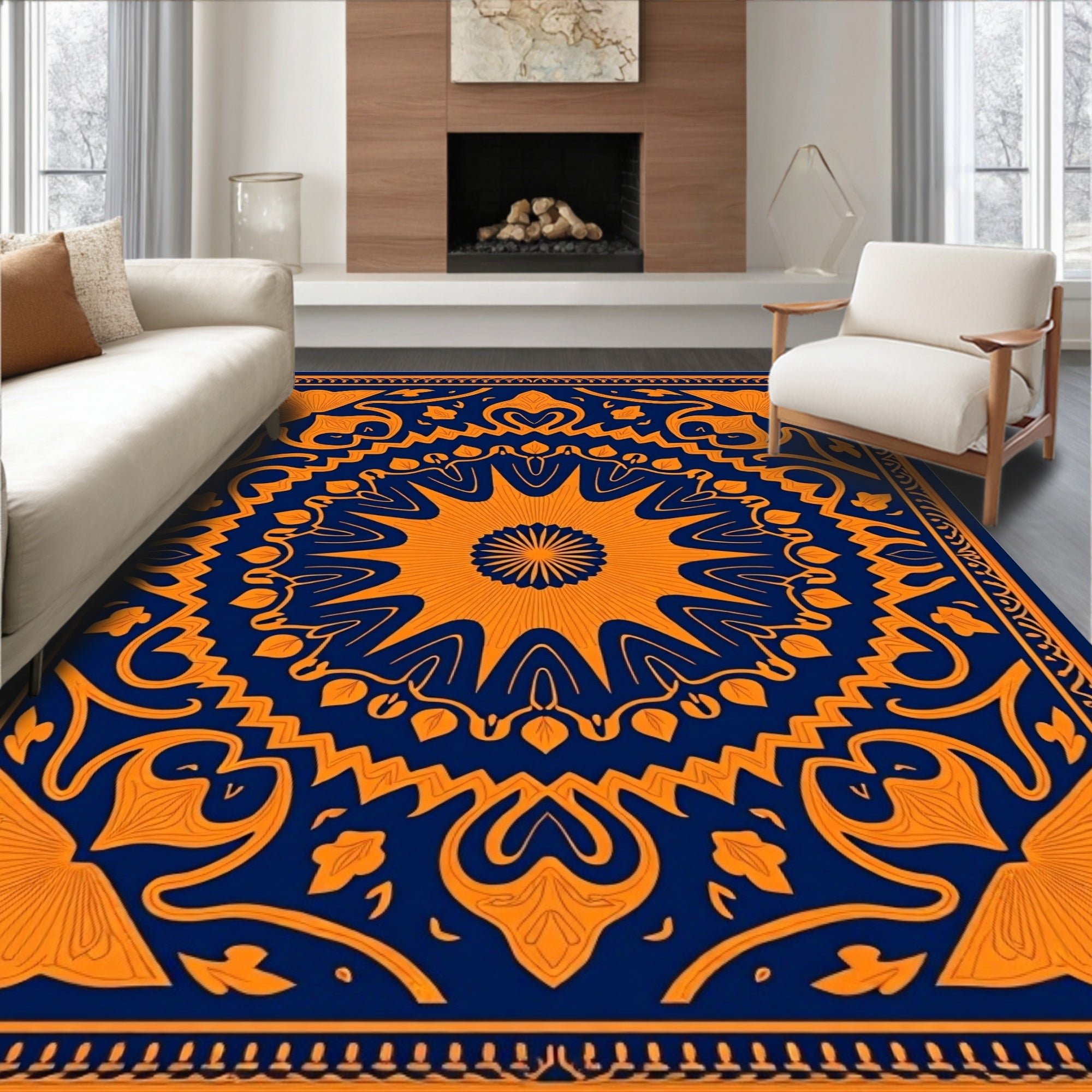 Orange Navy Art Nouveau Mandala Rug